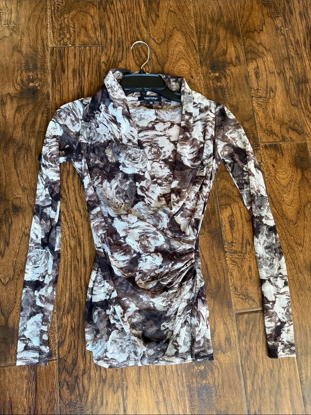 Karen Kane Brown and Cream Floral Draped Long-Sleeve Top, size XS